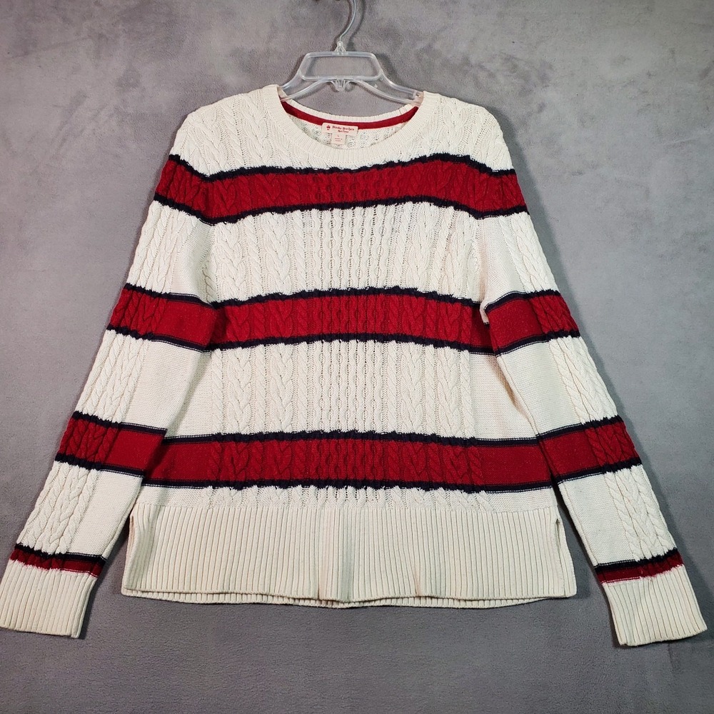 Brooks Brothers Red Fleece Sweater L Ivory Red Stripe Wool Cable Knit Nautical
